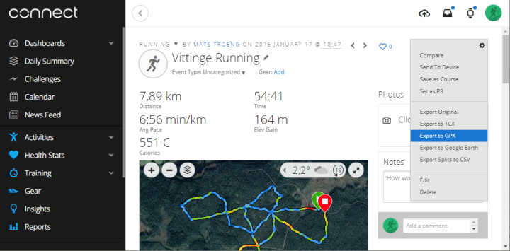 garmin connect export to tcx